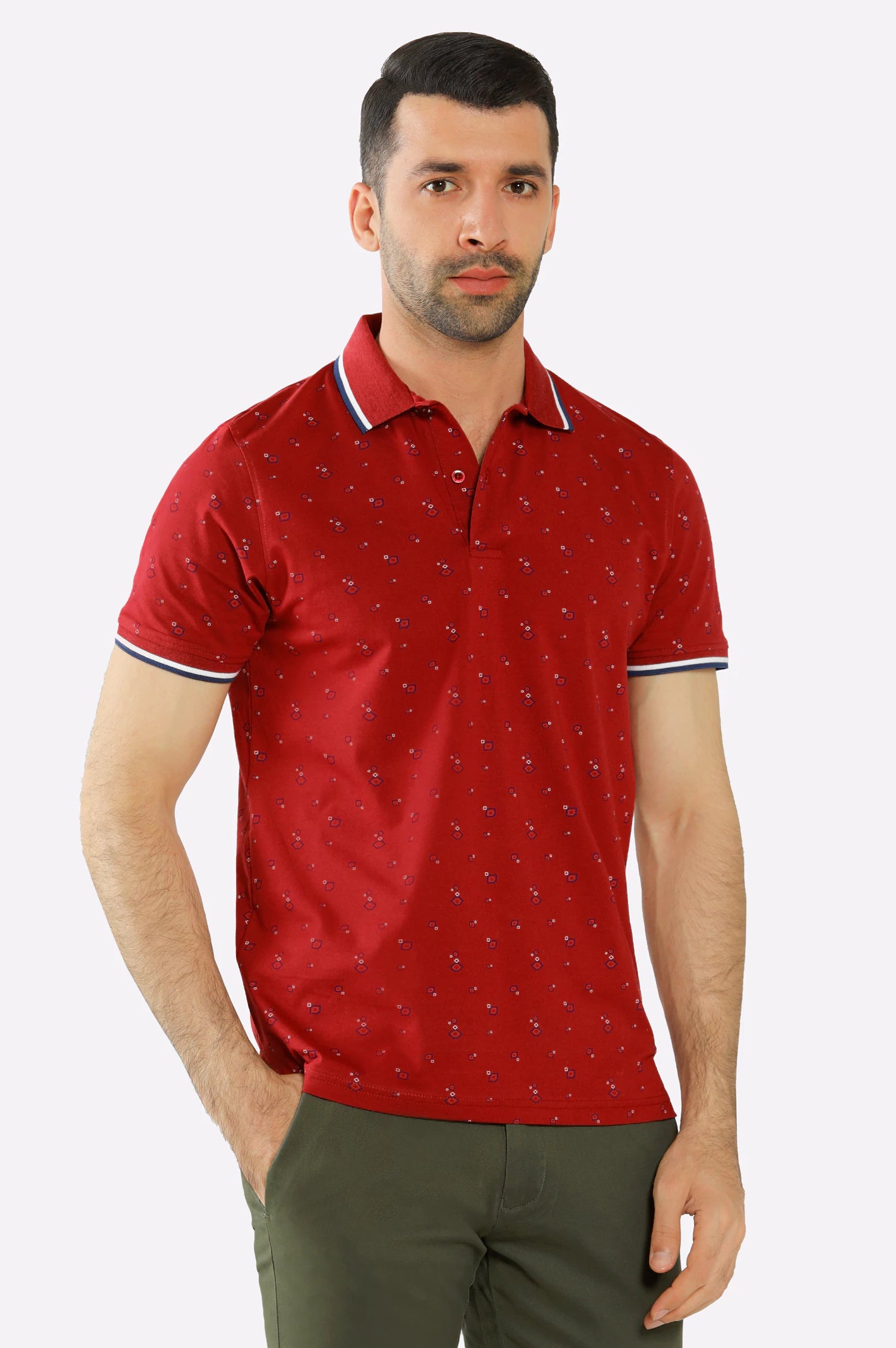 Men's Shirts with Appliquéd SleevesRed All Over Printed Polo