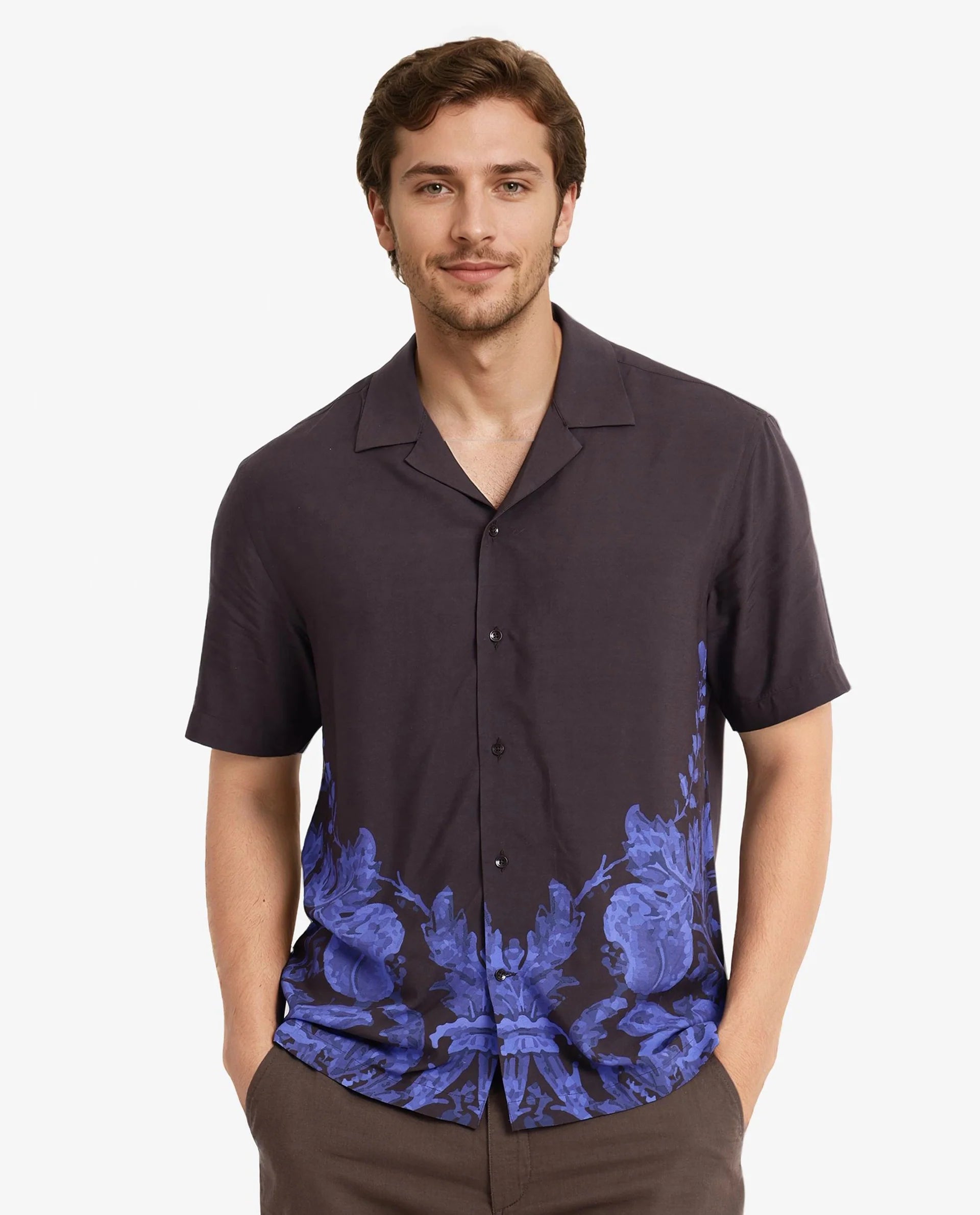 Breathable Men's Linen ShirtsRare Rabbit Men's Meb Dark Brown Viscose Fabric Short Sleeve Cuban Collared Boxy Fit Placement Print Shirt Breathable Men's Linen ShirtsRare Rabbit Men's Meb Dark Brown Viscose Fabric Short Sleeve Cuban Collared Boxy Fit Placement Print Shirt