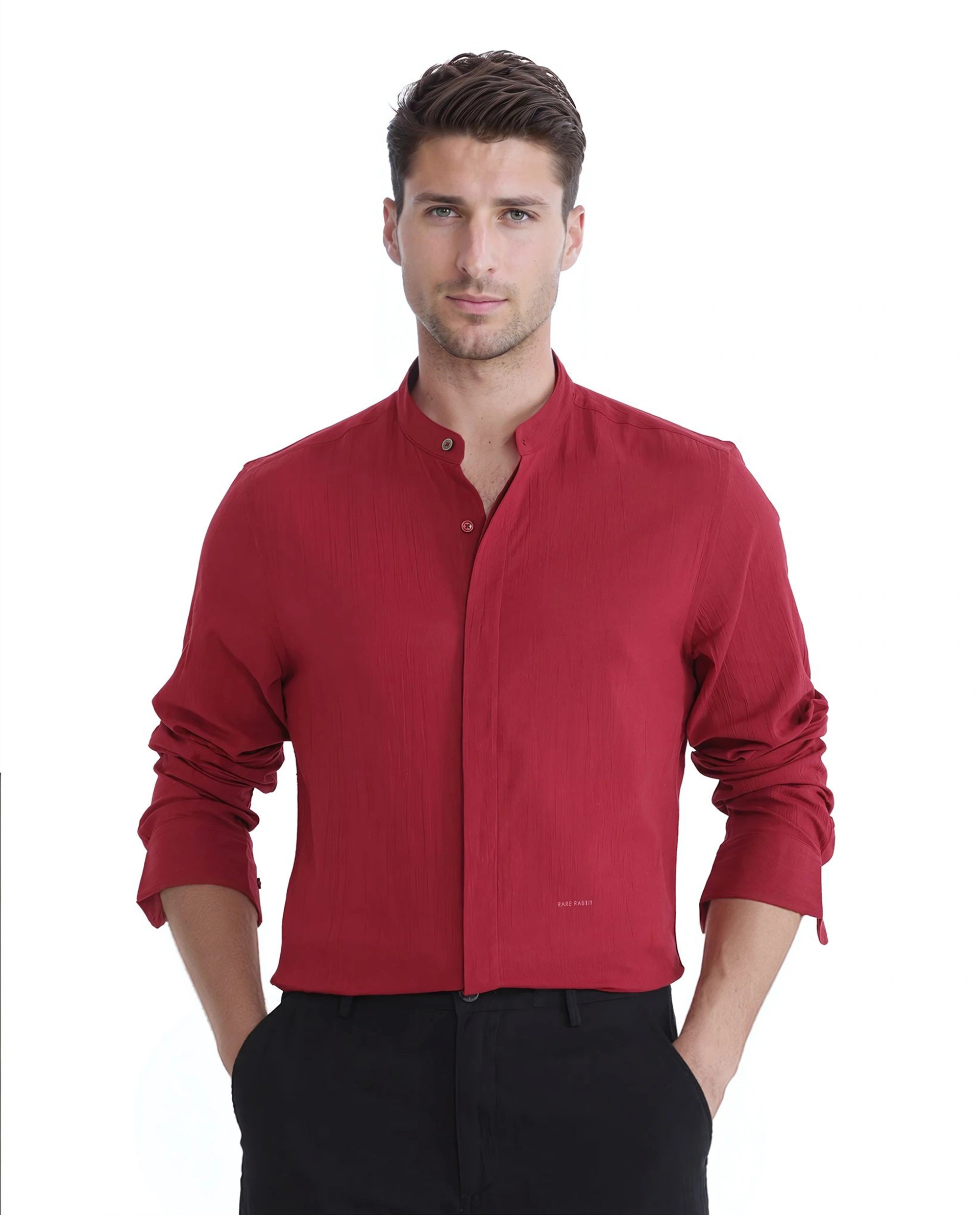 Men's Fishing Shirts for Water SportsRare Rabbit Men Crinkle-25 Red Cotton Fabric Mandarin Collar Full Sleeves Solid Crinkle Effect Solid Shirt Men's Fishing Shirts for Water SportsRare Rabbit Men Crinkle-25 Red Cotton Fabric Mandarin Collar Full Sleeves Solid Crinkle Effect Solid Shirt