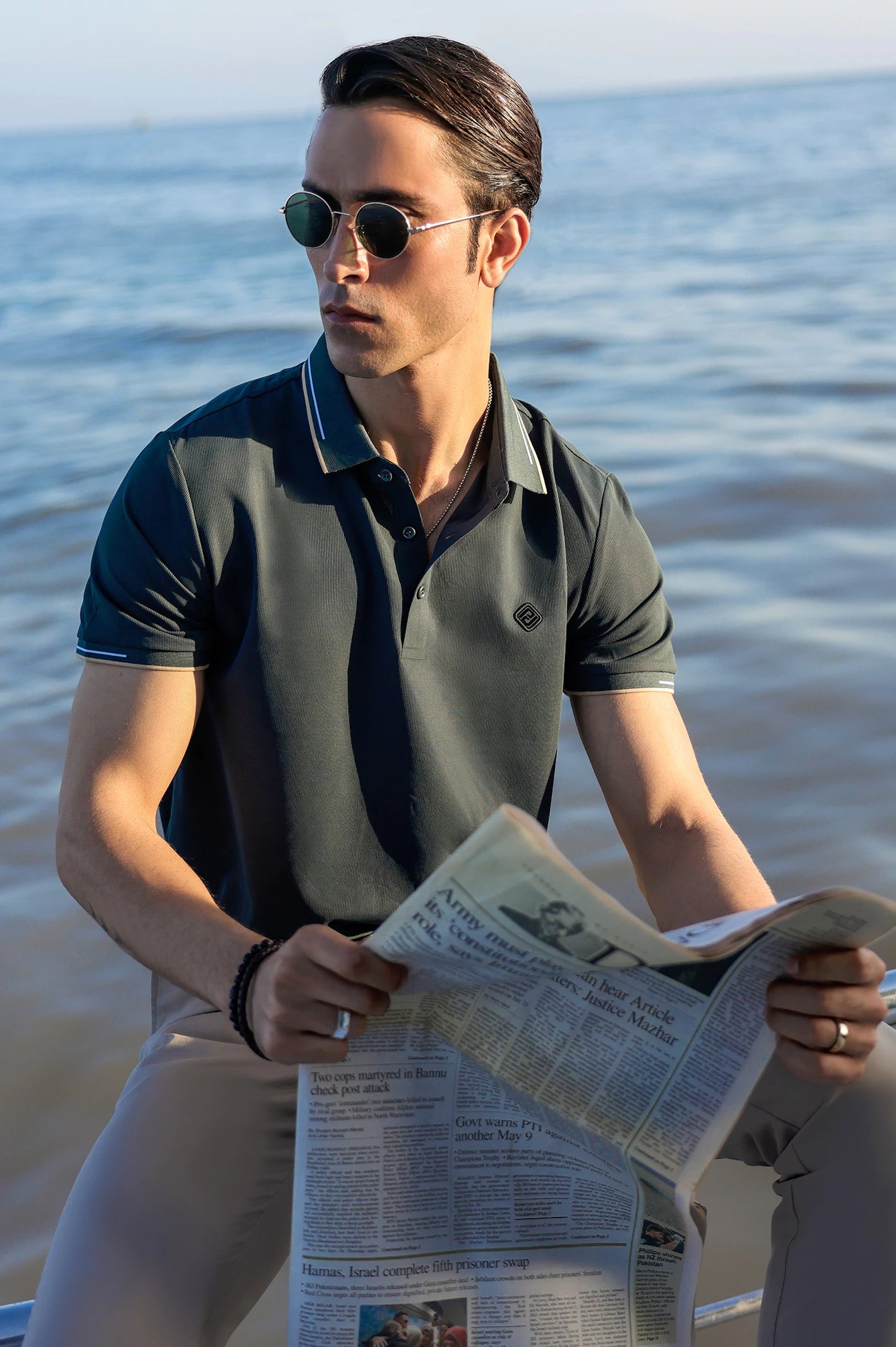 Men's Shirts with Adjustable CuffsGreen Yarn Dyed Polo