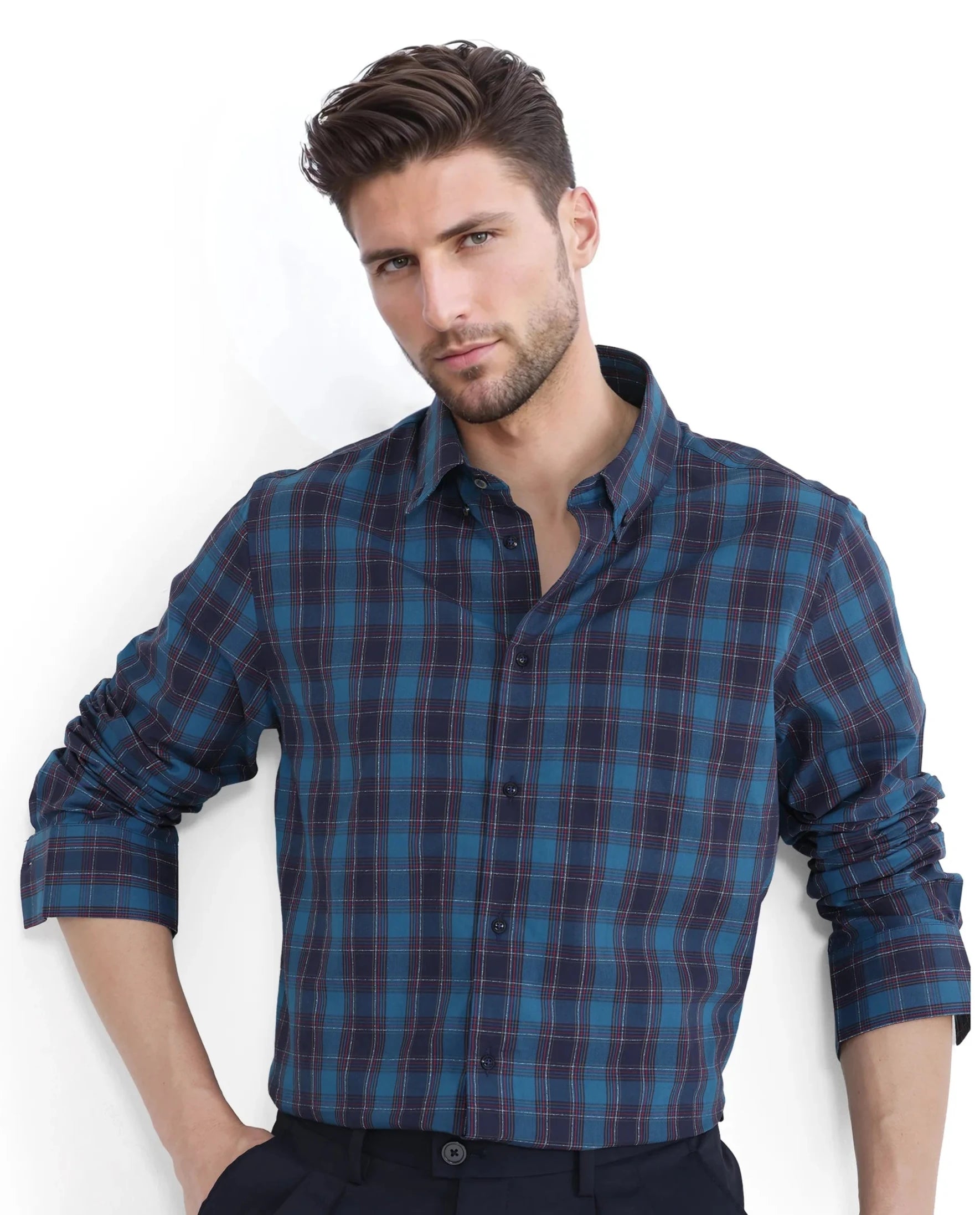 Men's Patterned Button-Down Shirts for Added InterestRare Rabbit Men's Odra Blue Cotton Fabric Long Sleeve Check Shirt