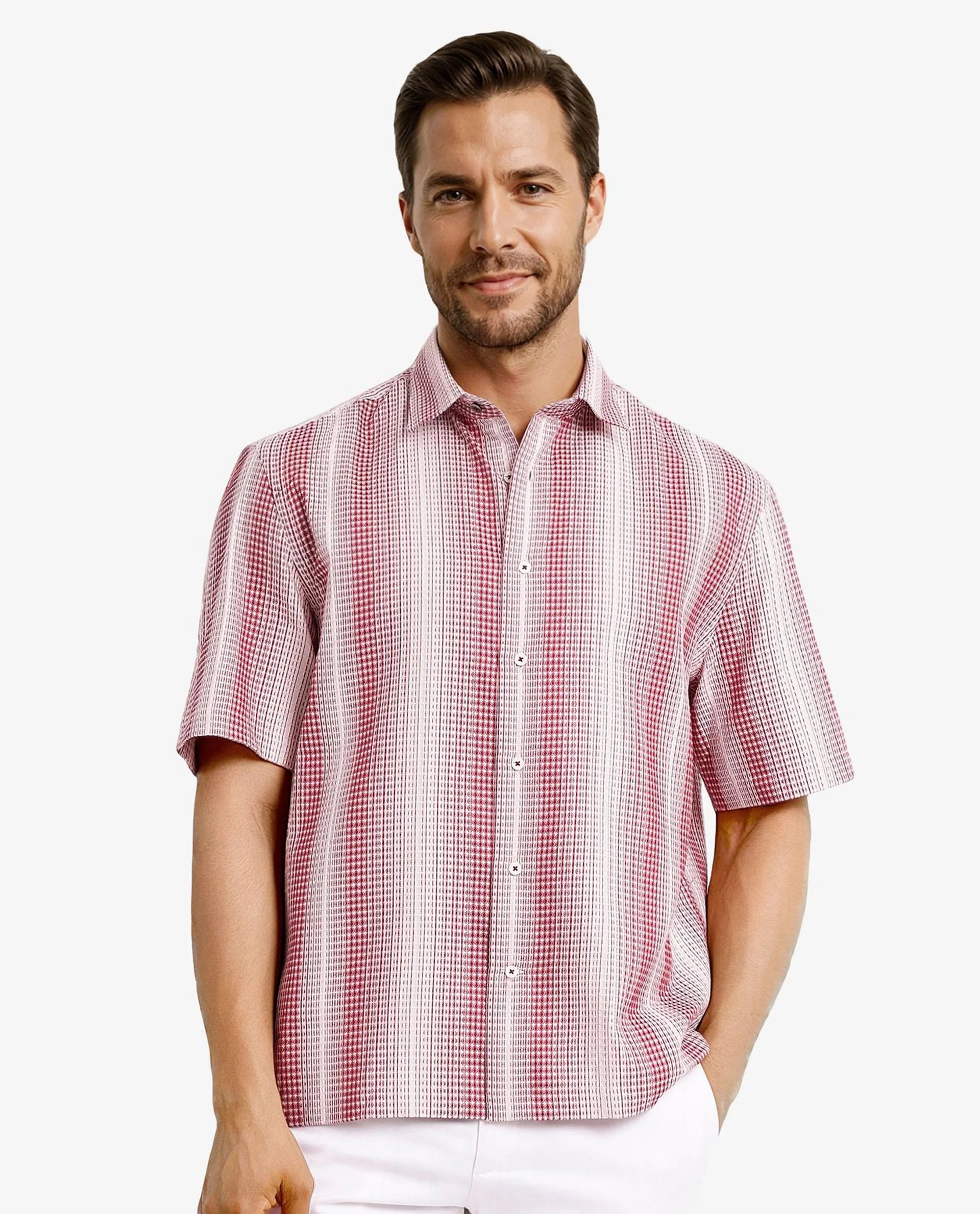 Men's Floral Print Shirts for Spring and SummerRare Rabbit Men's Frawla Red Cotton Fabric Short Sleeve Boxy Fit Self Stripe Textured Shirt Men's Floral Print Shirts for Spring and SummerRare Rabbit Men's Frawla Red Cotton Fabric Short Sleeve Boxy Fit Self Stripe Textured Shirt