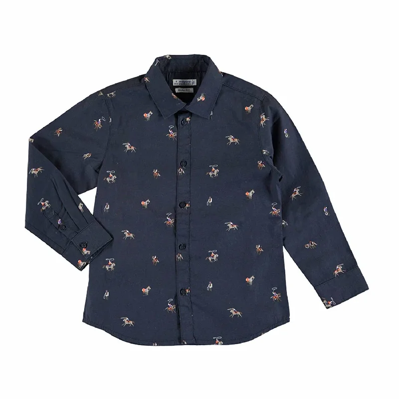 Men's Stain-Resistant Shirts for Mess-Free WearBoy's Horse Print Long Sleeve Shirt In Navy Men's Stain-Resistant Shirts for Mess-Free WearBoy's Horse Print Long Sleeve Shirt In Navy