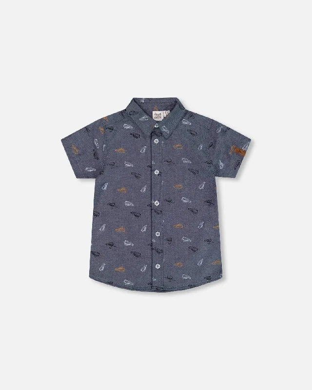 Men's Tailored Shirts for a Sharp AppearancePrinted Chambray Short Sleeve Shirt Gray, White And Tan Men's Tailored Shirts for a Sharp AppearancePrinted Chambray Short Sleeve Shirt Gray, White And Tan