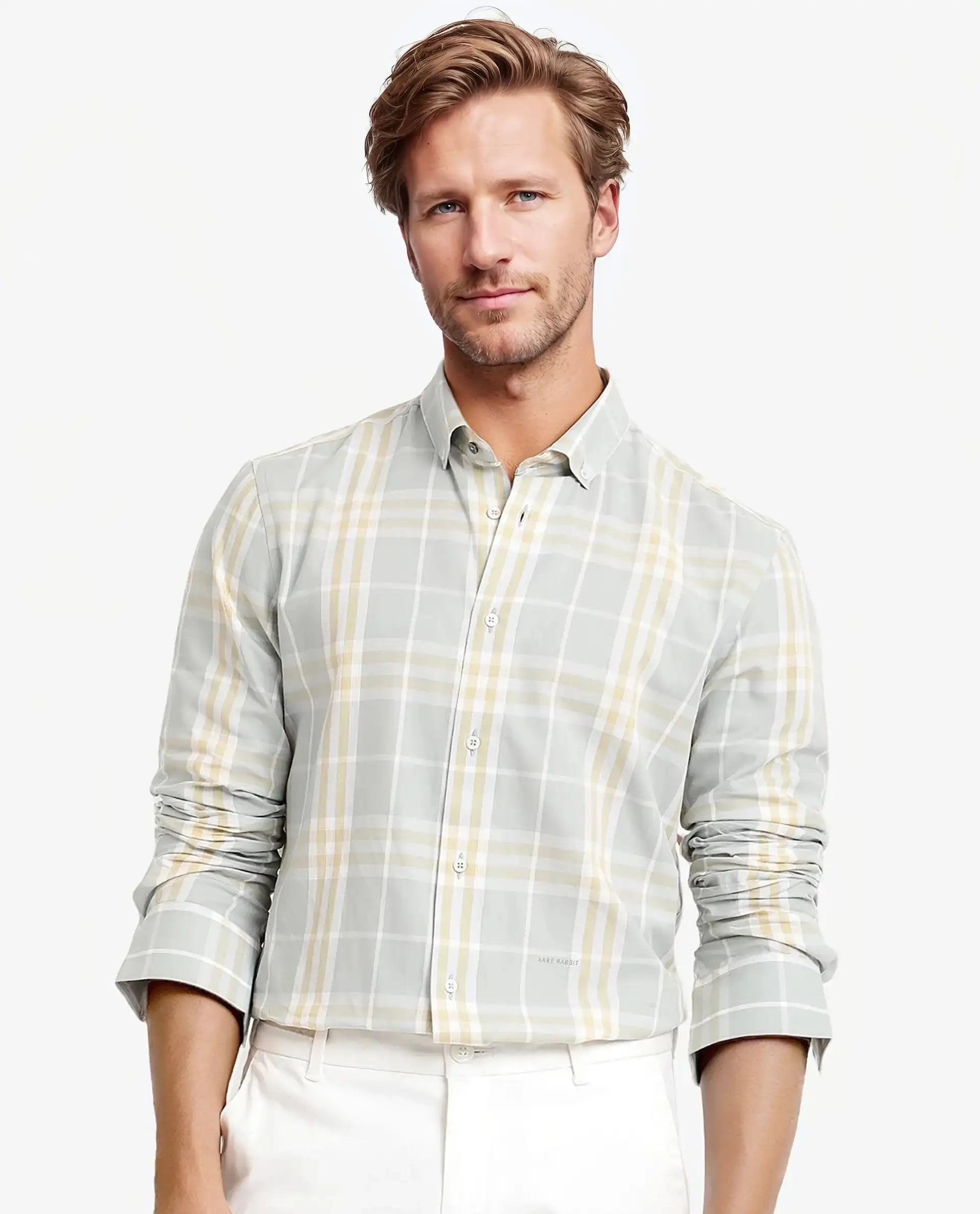 Men's Minimalist Shirts for a Clean LookRare Rabbit Men's Muz Light Grey Cotton Fabric Full Sleeve Collared Regular Fit Checked Shirt
