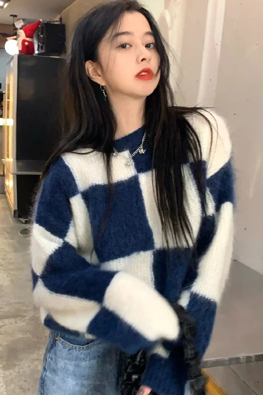 Men's Sweaters with ThumbholesKittenAlarm - Blue Plaid O-Neck Knitted Sweater
