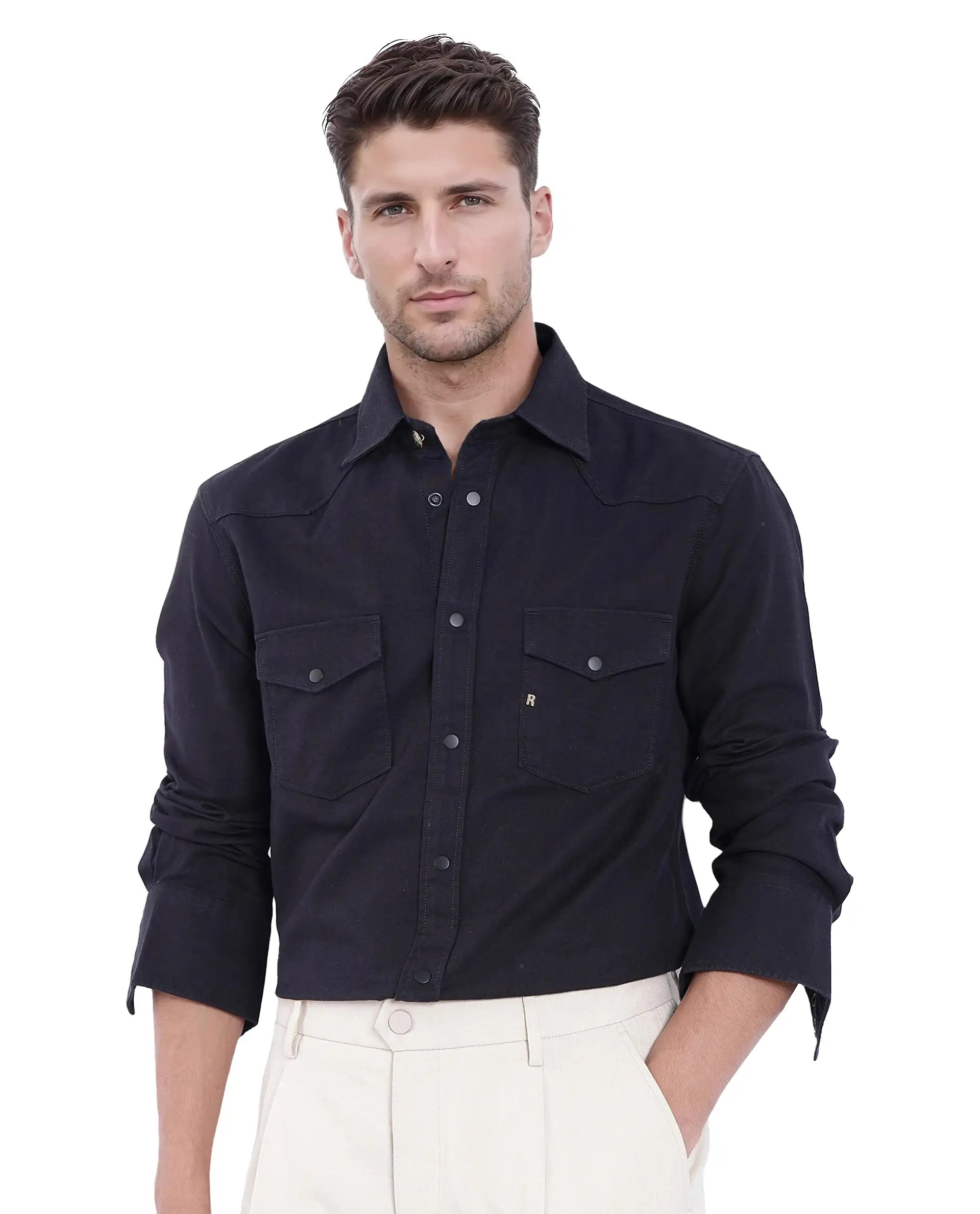 Men's Button-Down Collar Shirts for Staying PolishedRare Rabbit Men Tyson-1 Black Cotton Fabric Full Sleeve Snap Button Closure with Two Front Flap Pockets Plain Shirt