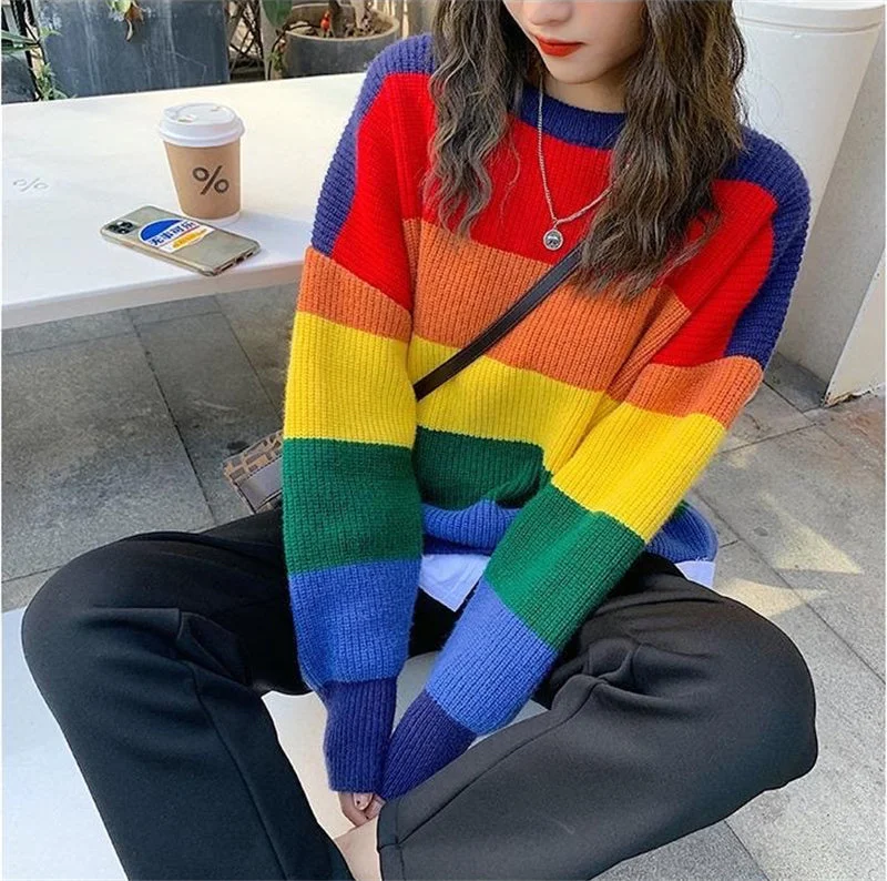 Men's Sweaters for AutumnKittenAlarm - Loose Rainbow Warm Knitted Sweater