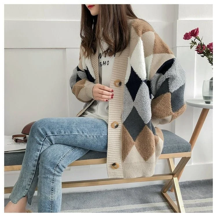 Men's Sweaters with Intarsia DesignsKittenAlarm - Diamond Plaid Pattern Loose Knitted Cardigan Sweater