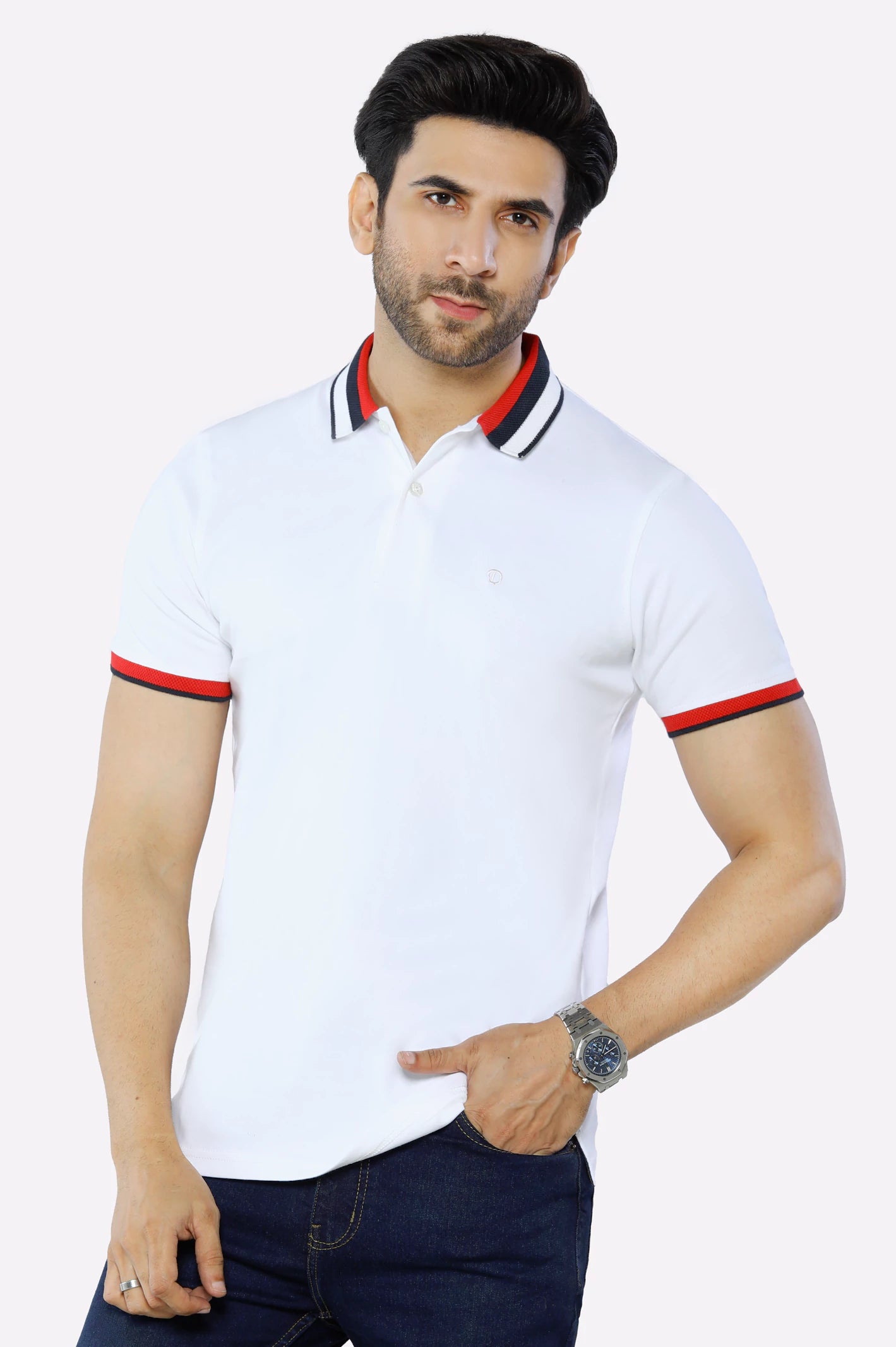 Men's Shirts with Belt LoopsWhite Jacquard Collar Polo
