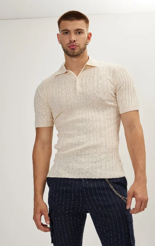 Men's Shirts for HuntingRibbed Short Sleeve Polo Neck T-Shirt - Beige