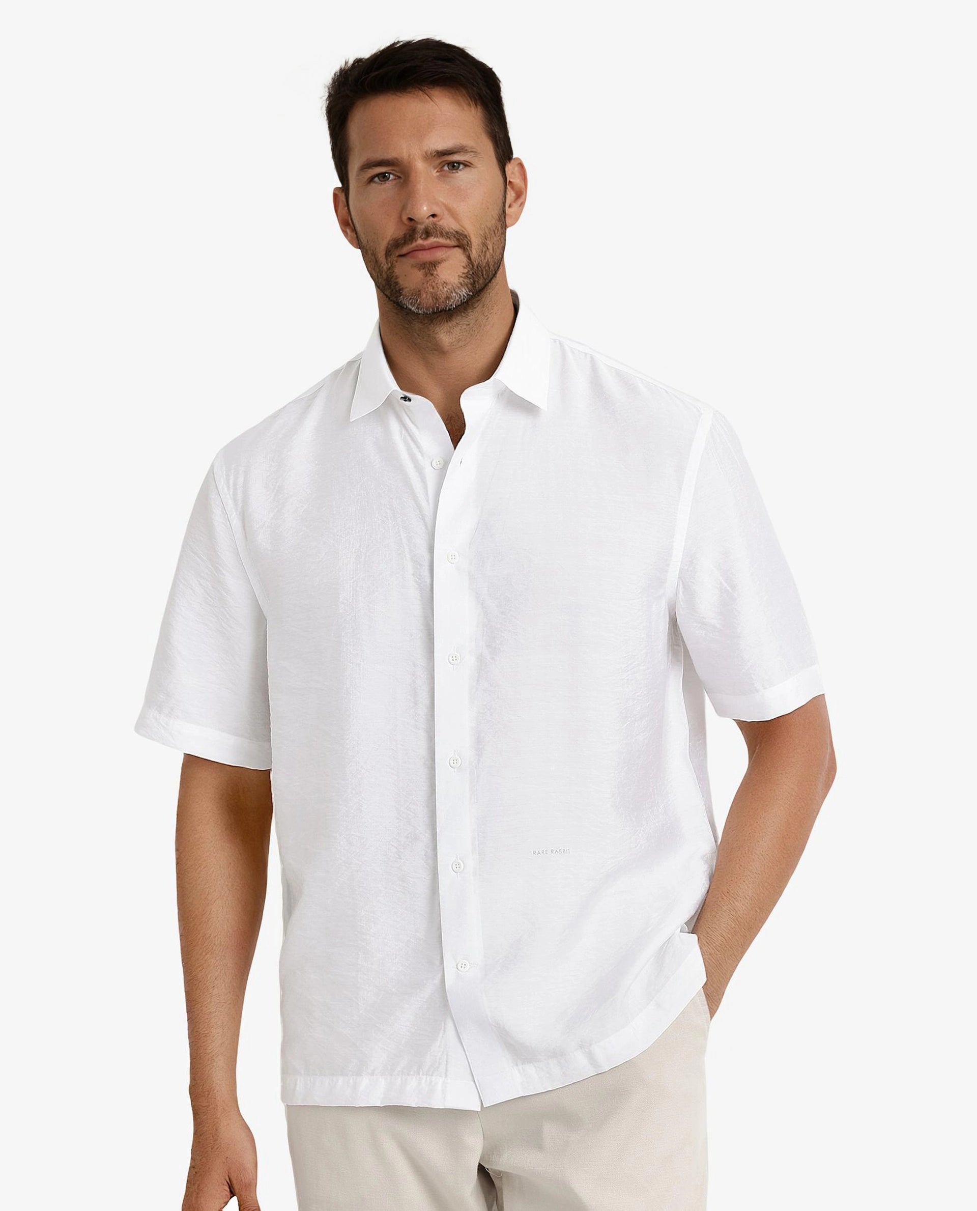 Men's Long-Sleeve Shirts for Year-Round WearRare Rabbit Men Blois White Viscose Nylon Fabric Short Sleeve Slim Fit Plain Shirt Men's Long-Sleeve Shirts for Year-Round WearRare Rabbit Men Blois White Viscose Nylon Fabric Short Sleeve Slim Fit Plain Shirt