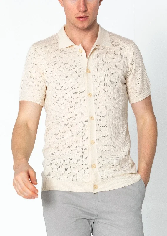 Men's Shirts with UV ProtectionGeometric Crochet Knit Polo - Beige