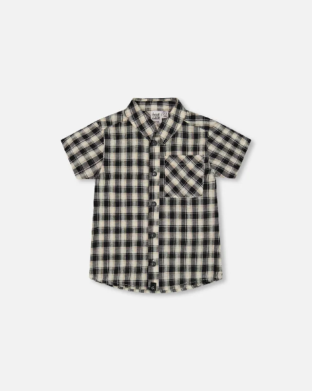 Men's Checkered Shirts for a Retro FeelShort Sleeve Button Down Shirt Black And Beige Plaid Men's Checkered Shirts for a Retro FeelShort Sleeve Button Down Shirt Black And Beige Plaid