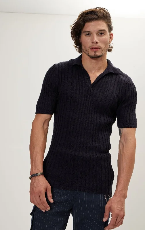Men's Shirts with Pin CollarsRibbed Short Sleeve Polo Neck T-Shirt  - Navy