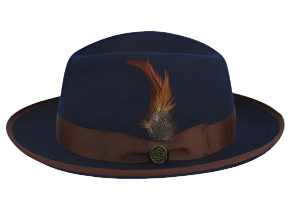 Gentlemen's Fedora HatsNavy-Brown Trim Steven Land Men's Australian Wool Hat Style-The Domingo Gentlemen's Fedora HatsNavy-Brown Trim Steven Land Men's Australian Wool Hat Style-The Domingo
