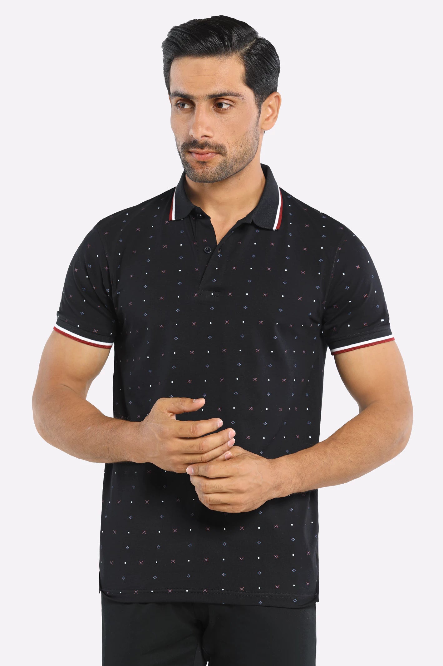 Men's Shirts with Contrast StitchingBlack All Over Printed Polo