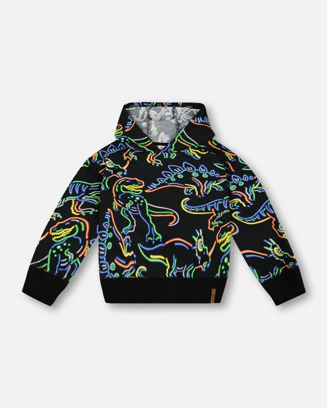 Men's Sweaters with Shawl CollarsPrinted Neon Dino Fleece Hooded Sweatshirt Black
