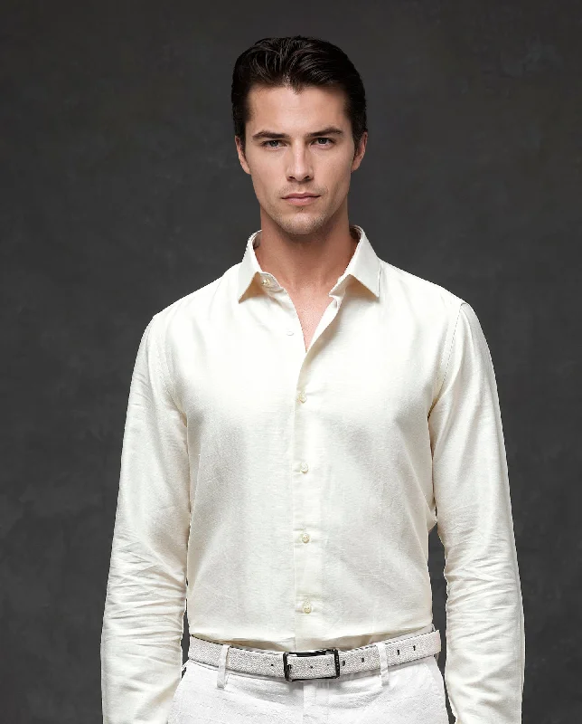 Casual Men's Button-Down ShirtsRare Rabbit Mens Silken Pastel Yellow Linen Cotton Fabric Full Sleeve Solid Shirt