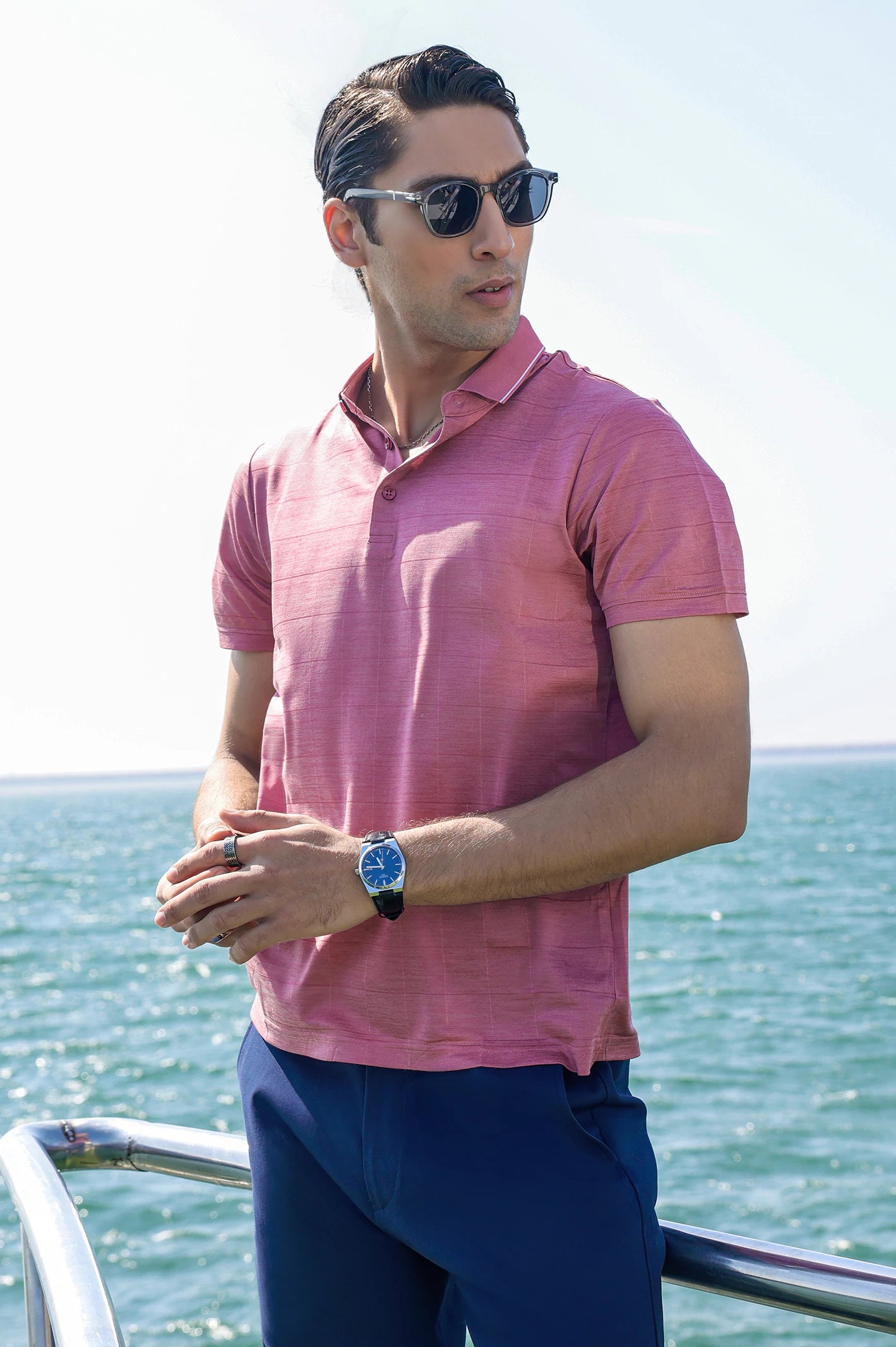 Men's Shirts with Adjustable CuffsPink Yarn Dyed Polo