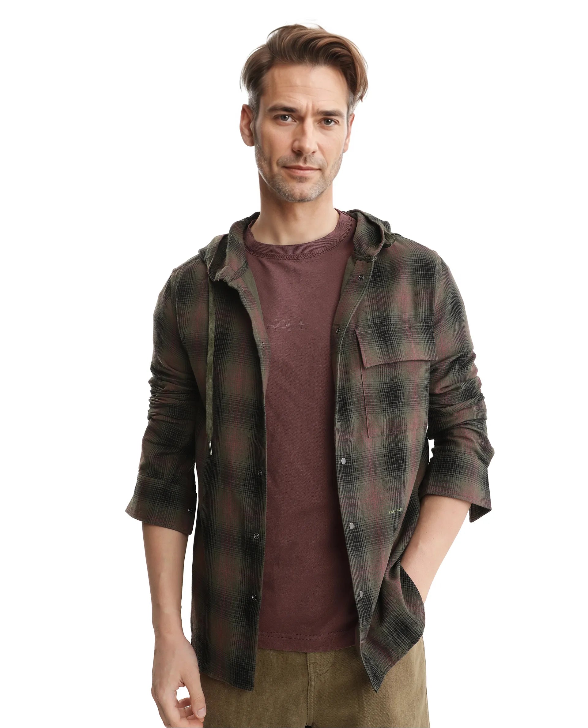 Men's Easy-Care Shirts for Busy LifestylesRare Rabbit Men's Dartmouth Dusky Olive Cotton Fabric Full Sleeve Collared Neck Oversized Fit Checks Shirt
