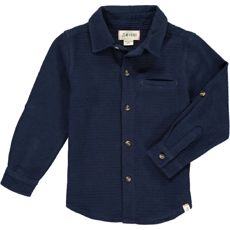 Men's Patterned Casual Shirts for Relaxed StylingBoy's Atwood Waffle Long Sleeve Woven Collared Shirt In Navy Men's Patterned Casual Shirts for Relaxed StylingBoy's Atwood Waffle Long Sleeve Woven Collared Shirt In Navy
