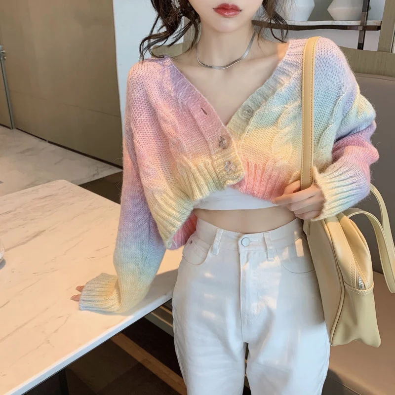 Men's Sweaters with Tapered ShapesKittenAlarm - Cropped Rainbow Colors Knitted Cardigan Sweater Men's Sweaters with Tapered ShapesKittenAlarm - Cropped Rainbow Colors Knitted Cardigan Sweater