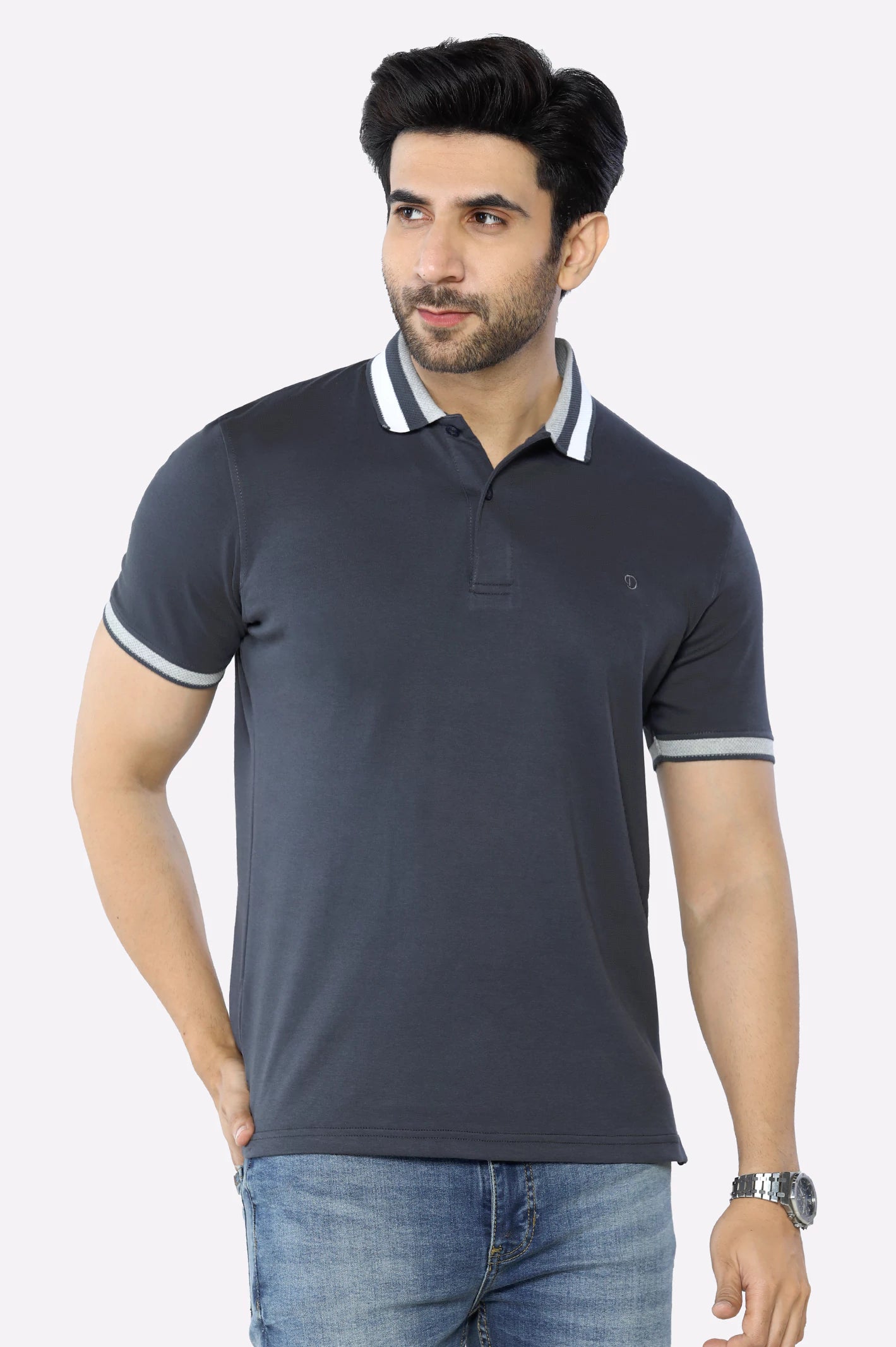 Men's Shirts with Velcro ClosuresGrey Jacquard Collar Polo