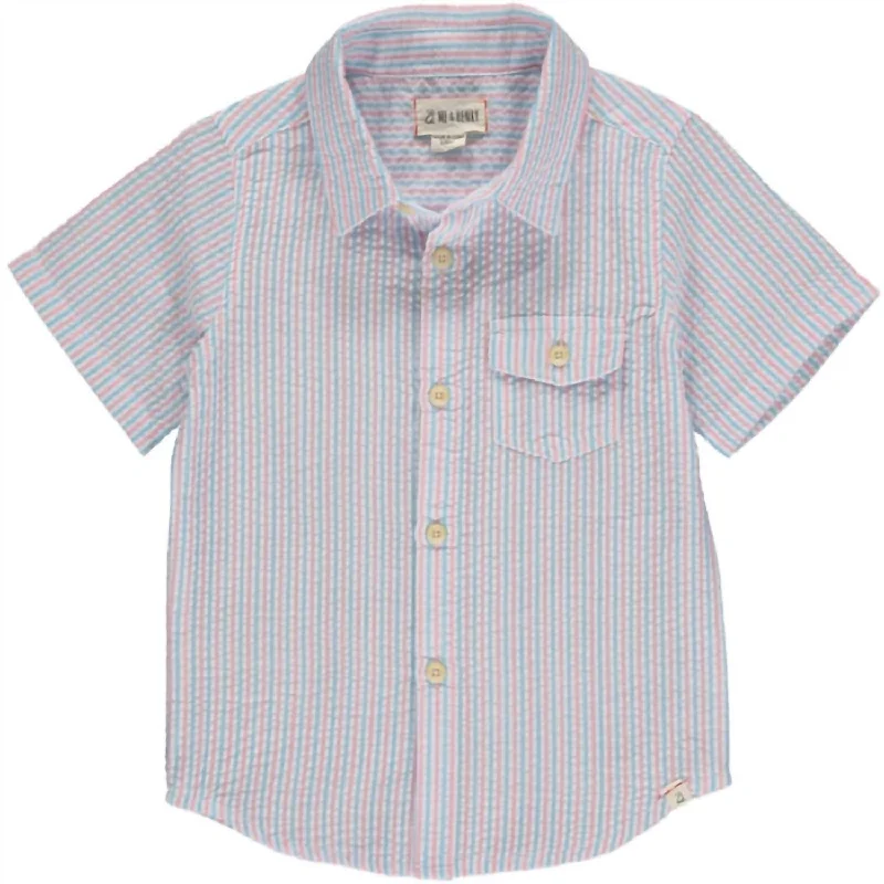 Men's Designer Dress Shirts for High-End FashionBoy's Newport Seersucker Short Sleeve Shirt In Sky & Pink Men's Designer Dress Shirts for High-End FashionBoy's Newport Seersucker Short Sleeve Shirt In Sky & Pink