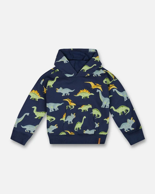 Men's Sweaters with Three-Quarter SleevesPrinted Dino Fleece Hooded Sweatshirt Navy