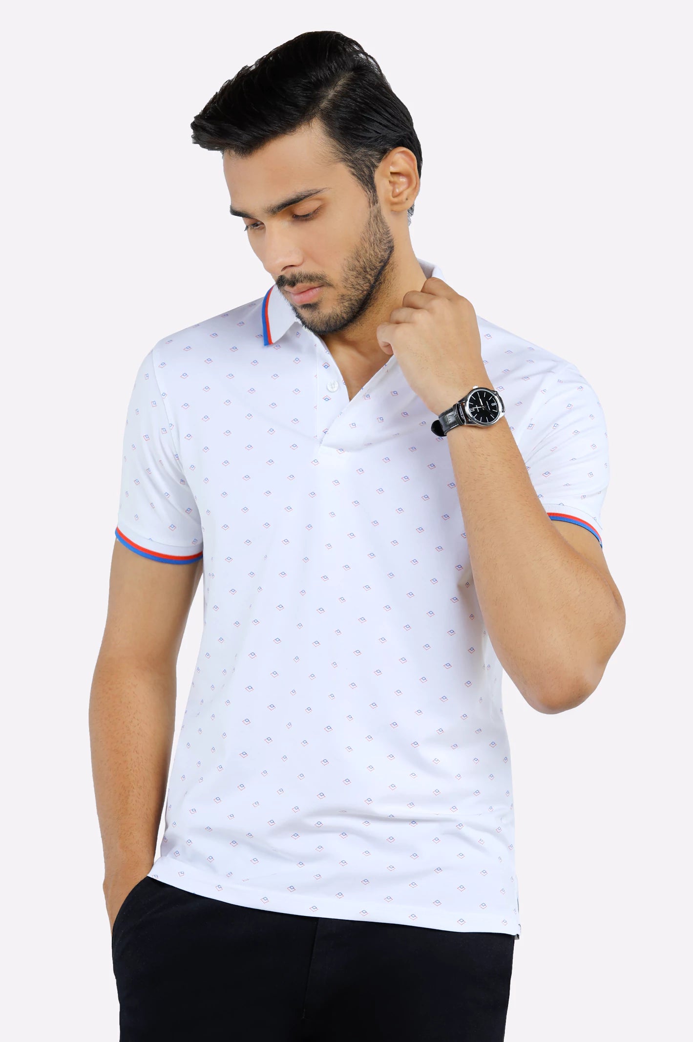 Men's Shirts with Surplice HemlinesWhite All Over Printed Polo
