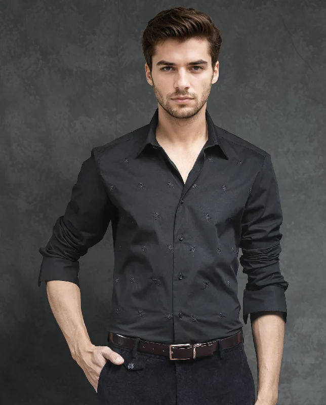 Men's Casual Friday Shirts for Relaxed Office DaysRare Rabbit Men's Roser Black Cotton Lycra Fabric Placement Embroidery Full Sleeves Shirt Men's Casual Friday Shirts for Relaxed Office DaysRare Rabbit Men's Roser Black Cotton Lycra Fabric Placement Embroidery Full Sleeves Shirt
