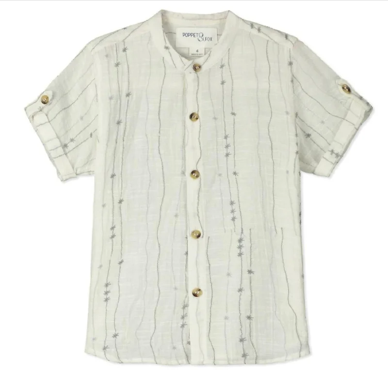 Men's Performance Fabric Shirts for All-Day ComfortBoy's Sakura Short Sleeve Button Down Collarless Shirt In Ivory & Grey Men's Performance Fabric Shirts for All-Day ComfortBoy's Sakura Short Sleeve Button Down Collarless Shirt In Ivory & Grey