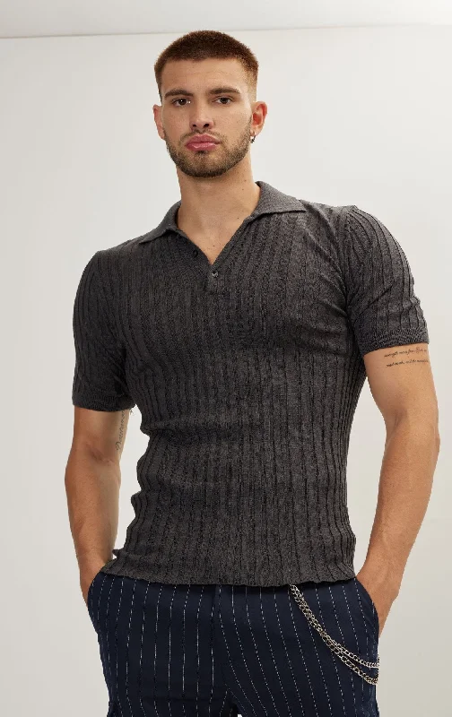 Men's Shirts for FishingRibbed Short Sleeve Polo Neck T-Shirt - Anthracite