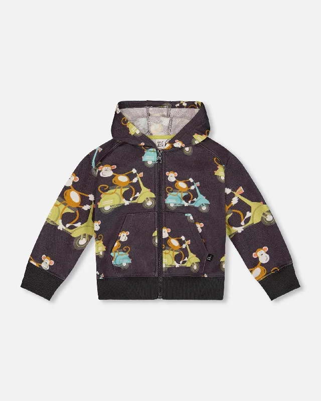 Men's Sweaters with Belt AttachmentsPrinted French Terry Hooded Full Zip Cardigan Sweatshirt Monkey On Navy Moped
