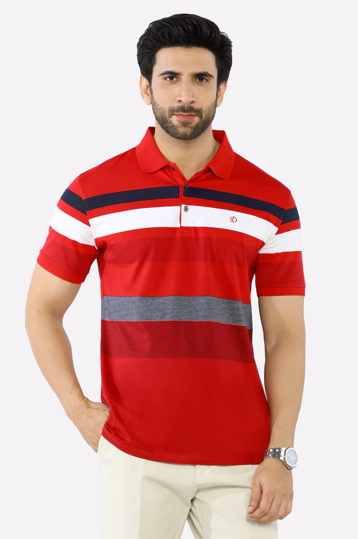 Men's Shirts with Double-Breasted DesignsRed Yarn Dyed Polo