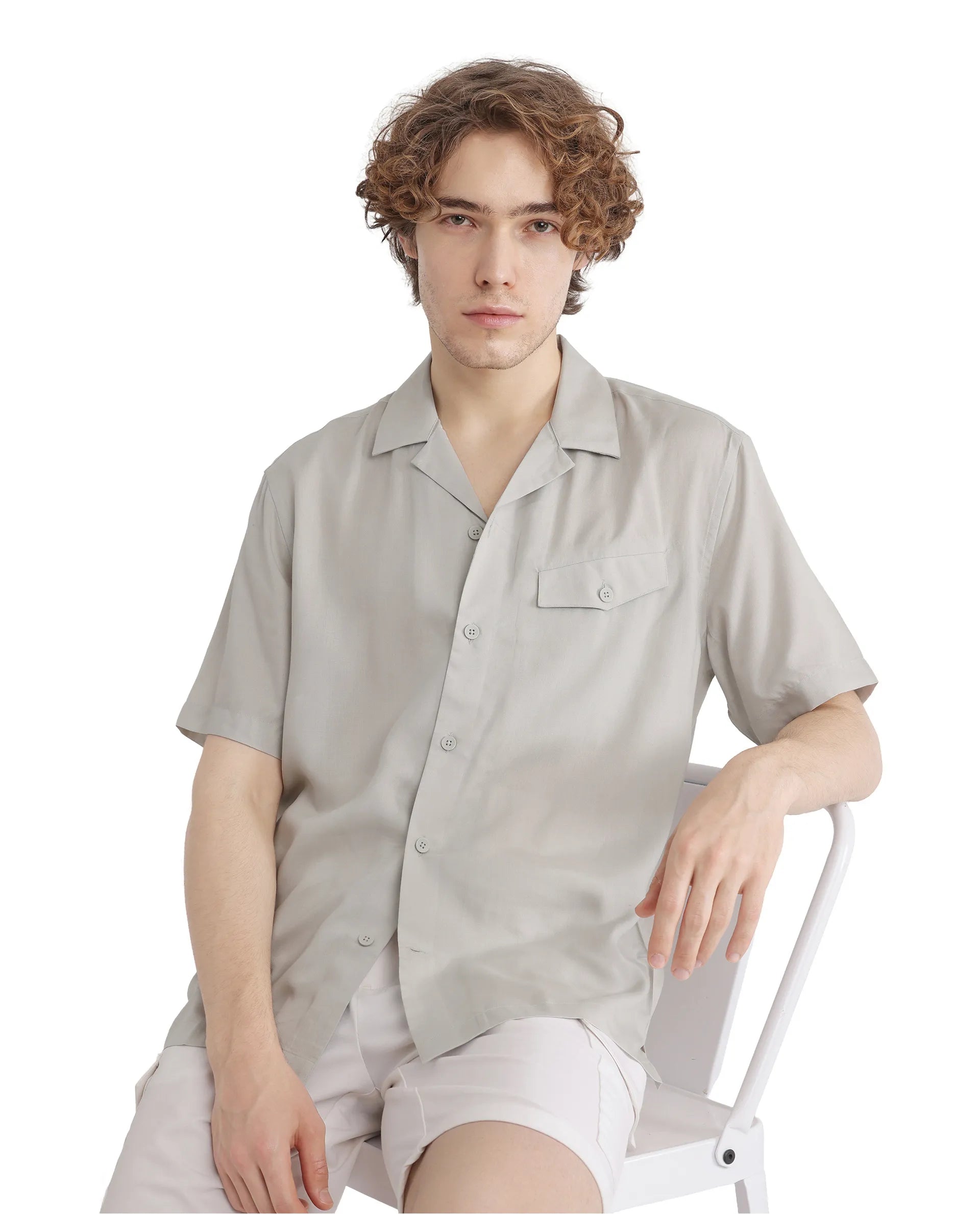 Men's Tailored Shirts for a Sharp AppearanceRare Rabbit Men Dubm Light Grey Modal Fabric Cuban Collar Short Sleeves Collared Neck with Flap Chest Pocket Plain Shirt Men's Tailored Shirts for a Sharp AppearanceRare Rabbit Men Dubm Light Grey Modal Fabric Cuban Collar Short Sleeves Collared Neck with Flap Chest Pocket Plain Shirt