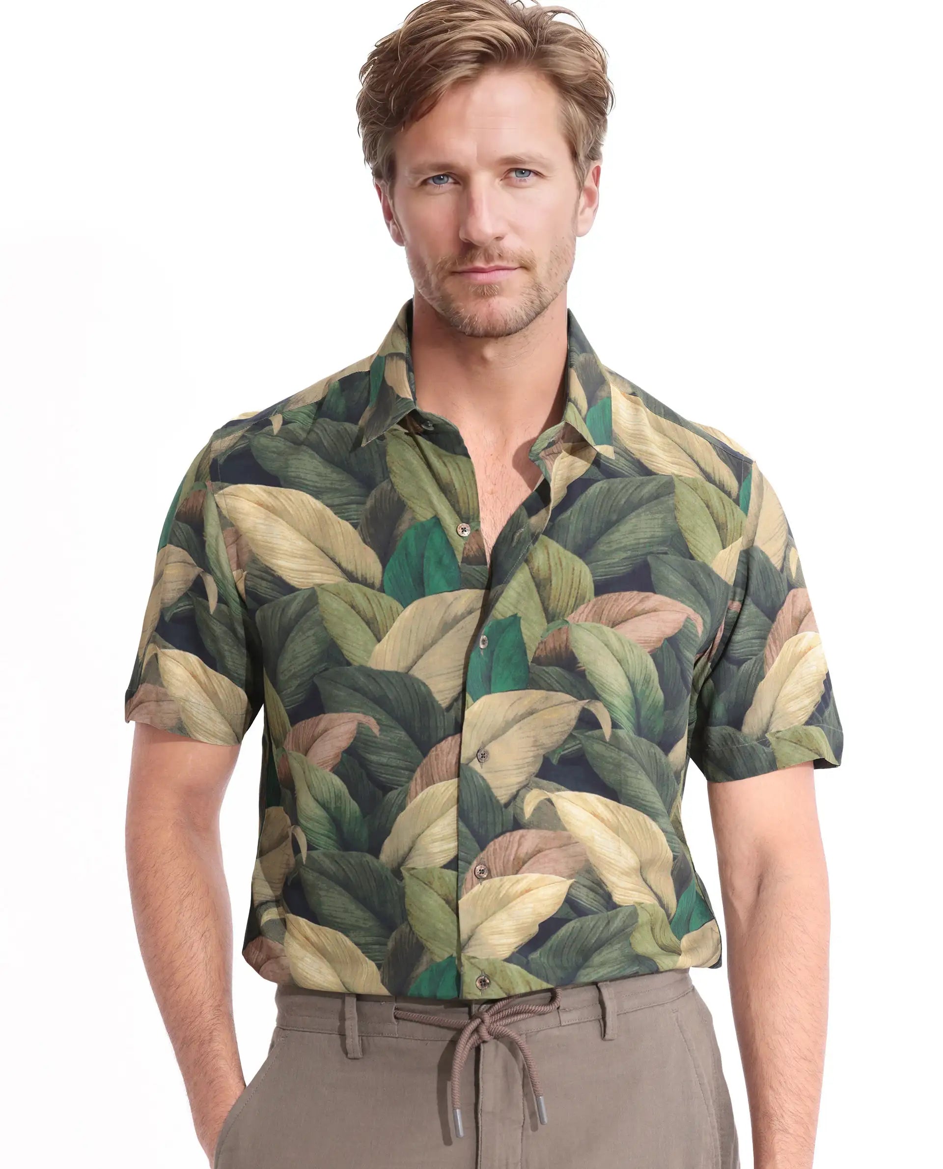 Men's Checked Short-Sleeve Shirts for Summer FunRare Rabbit Men's Growr Green Viscose Fabric tropical Print Half Sleeves Shirt Men's Checked Short-Sleeve Shirts for Summer FunRare Rabbit Men's Growr Green Viscose Fabric tropical Print Half Sleeves Shirt