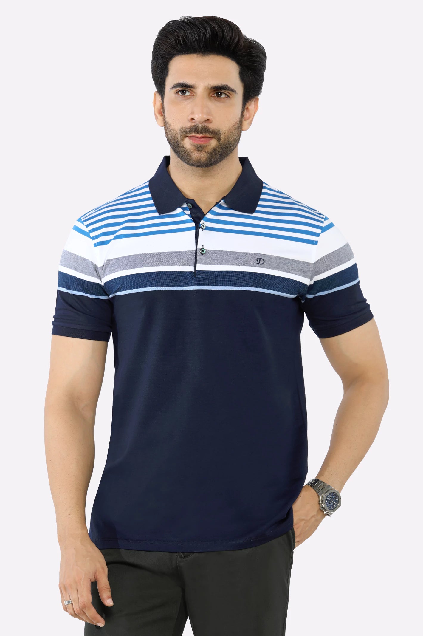 Men's Shirts with Barrel CuffsBlue Yarn Dyed Polo