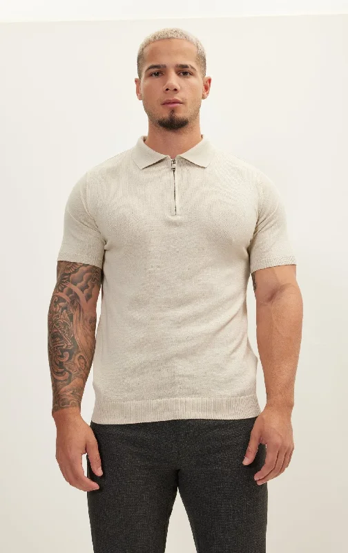 Men's Shirts for HikingZipper Closure Lightweight Polo Tee - Beige