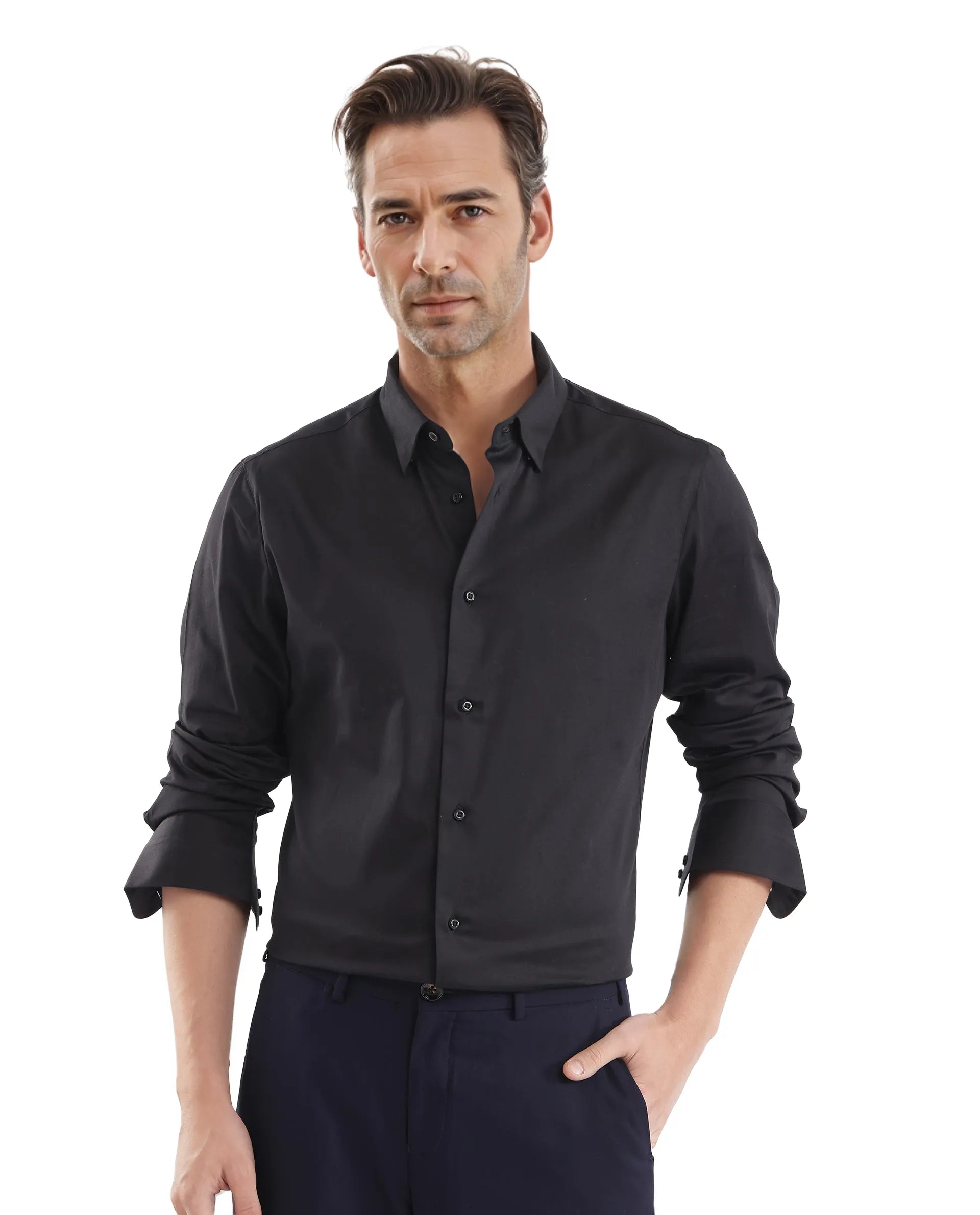 Classic Men's Dress ShirtsRare Rabbit Men Como-25 Black Cotton Lycra Blend Fabric Full Sleeves Regular Collar Regular Fit Plain Shirt