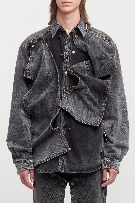 Men's Coats for SkiingY/Project Mens Evergreen Snap Off Denim Shirt in Vintage Black Men's Coats for SkiingY/Project Mens Evergreen Snap Off Denim Shirt in Vintage Black