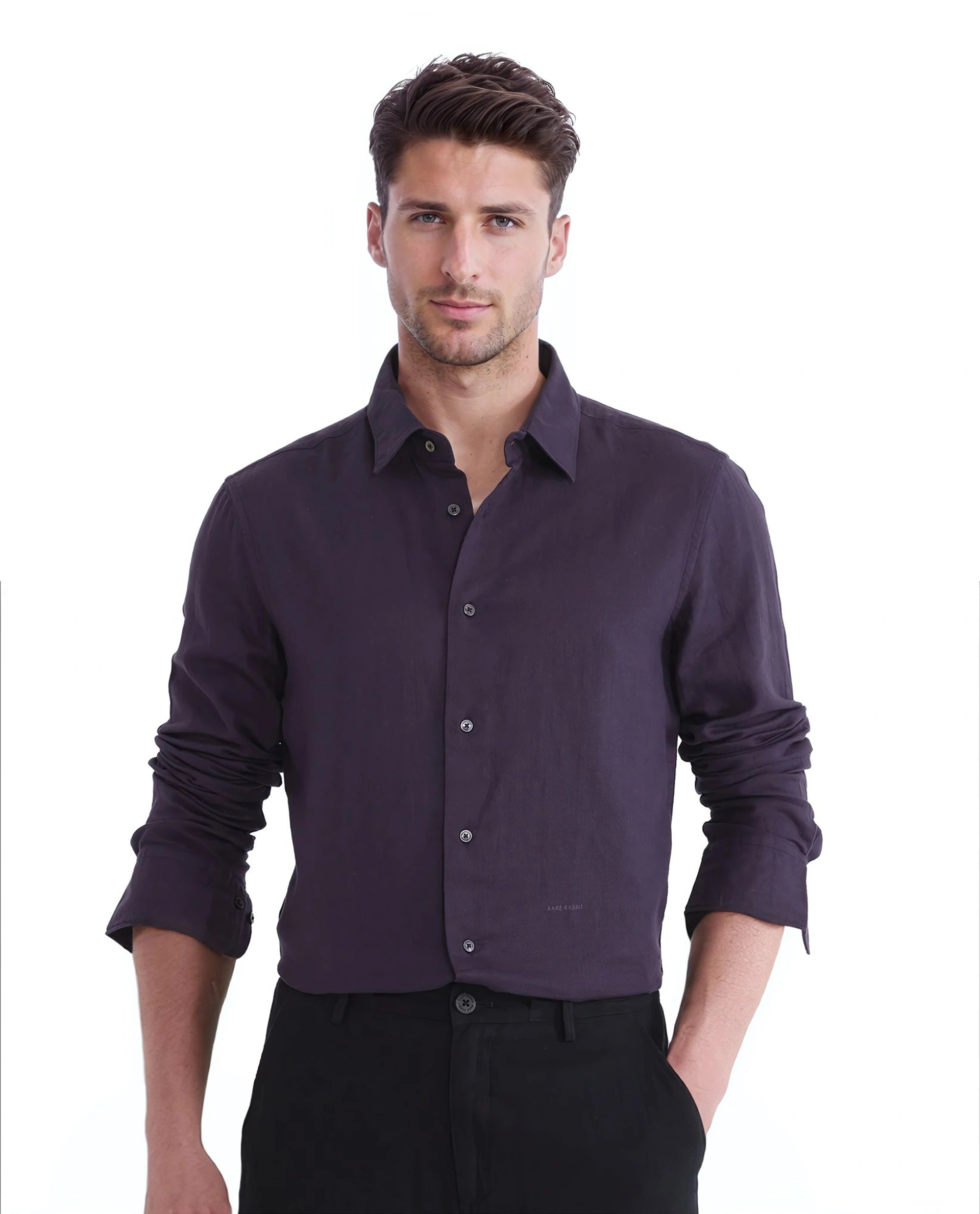Men's Skinny-Fit Shirts for a Trendy LookRare Rabbit Men Layerr Ls-25 Purple Cotton Fabric Full Sleeves Collared Neck Button Closure Plain Shirt Men's Skinny-Fit Shirts for a Trendy LookRare Rabbit Men Layerr Ls-25 Purple Cotton Fabric Full Sleeves Collared Neck Button Closure Plain Shirt