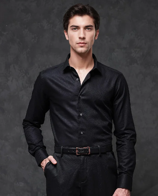 Men's Collared Shirts for Formal OccasionsRare Rabbit Mens Tunel Black Cotton Dobby Fabric Full Sleeve Solid Color Textured Shirt Men's Collared Shirts for Formal OccasionsRare Rabbit Mens Tunel Black Cotton Dobby Fabric Full Sleeve Solid Color Textured Shirt