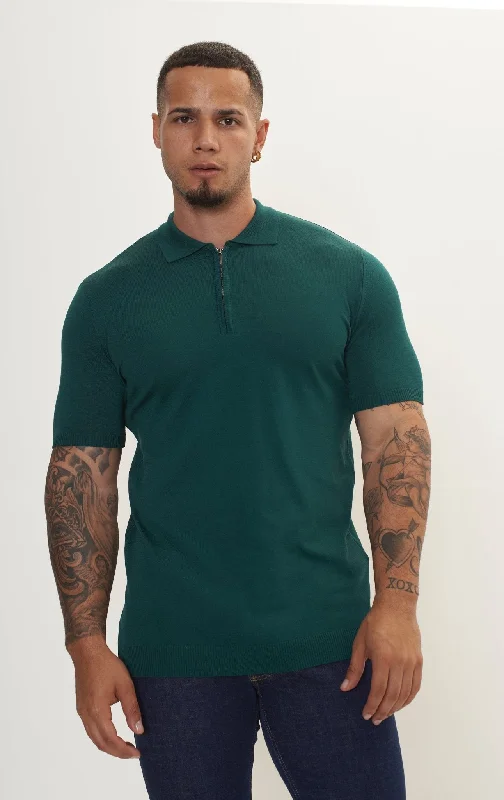 Striped Men's TopsZipper Closure Lightweight Polo Tee - Green