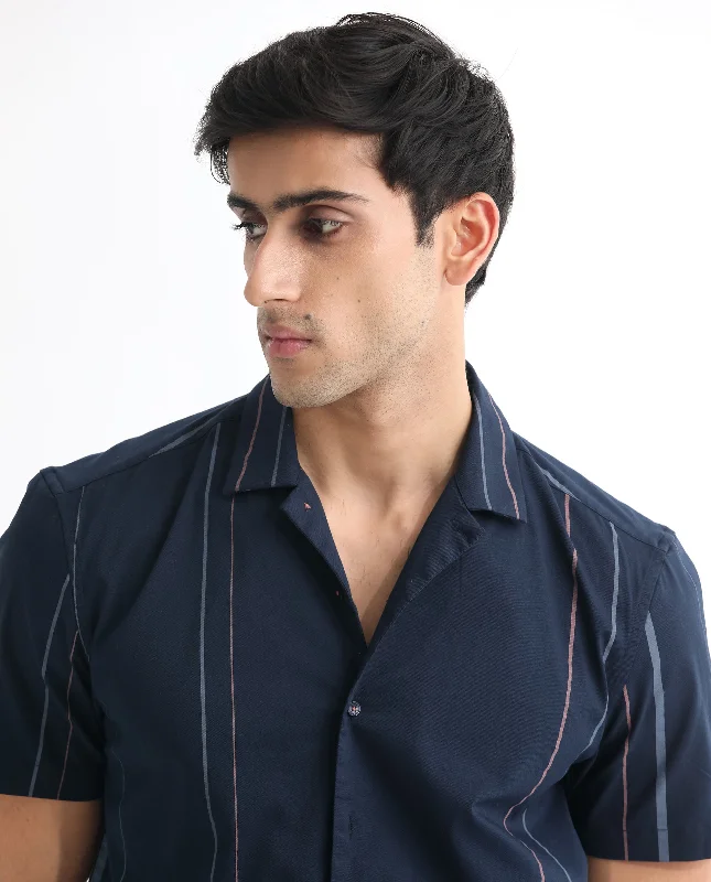 Men's Easy-Care Shirts for Busy LifestylesRare Rabbit Men's Morlac Dark Navy Cotton Fabric Half Sleeves Striped Shirt Men's Easy-Care Shirts for Busy LifestylesRare Rabbit Men's Morlac Dark Navy Cotton Fabric Half Sleeves Striped Shirt