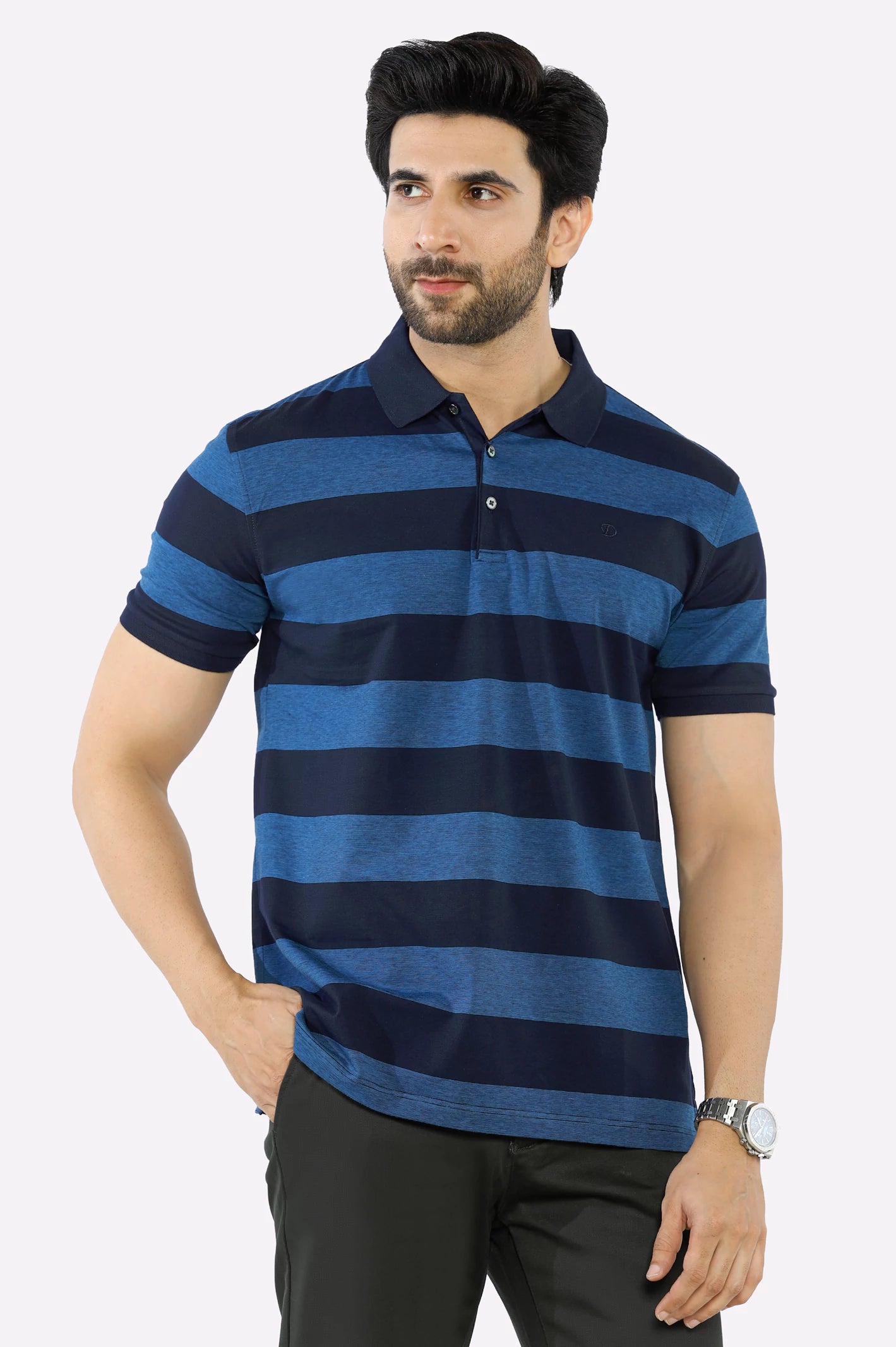 Men's Shirts for Beach OutingsNavy Blue Yarn Dyed Polo