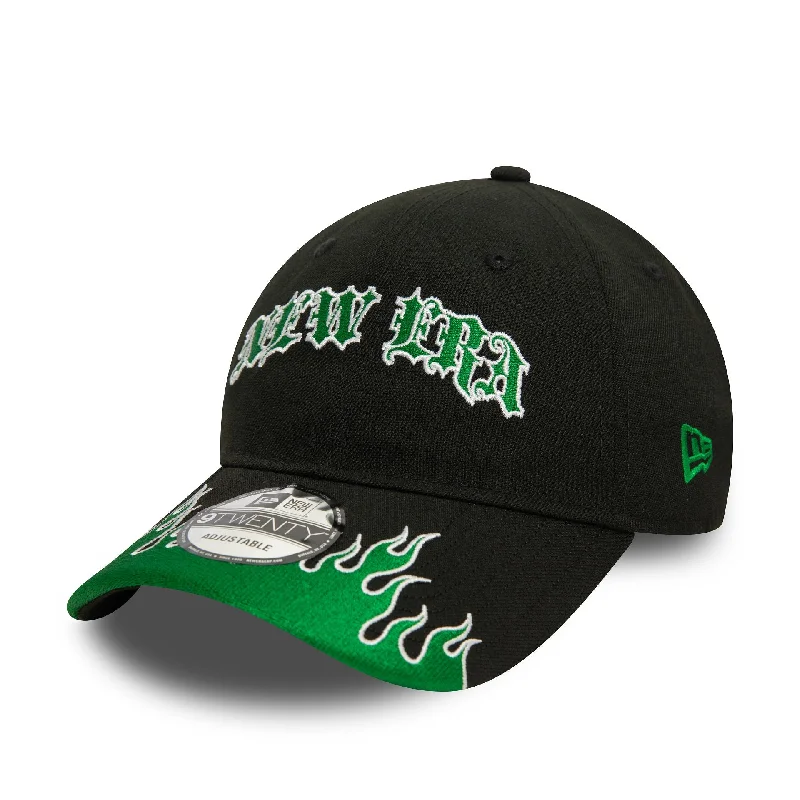 Customized Baseball CapsNew Era Race Black and Green Flame 9TWENTY Adjustable Cap