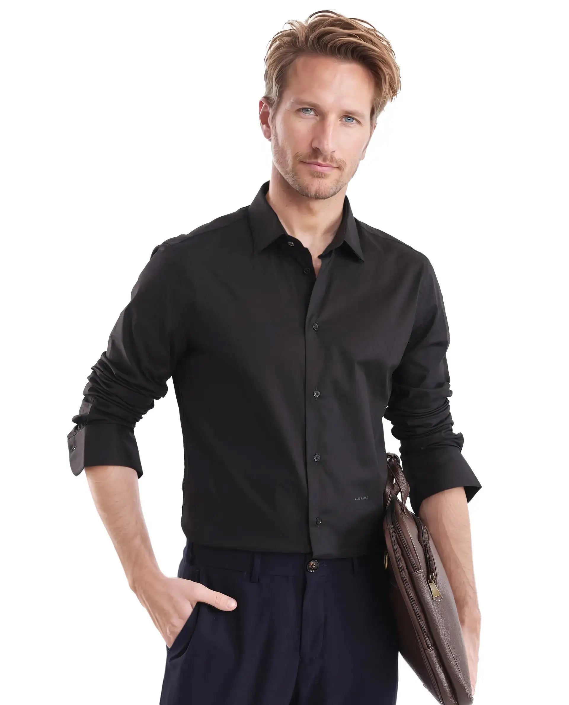 Men's Machine-Washable Shirts for ConvenienceRare Rabbit Men Neutron-Uni Black Cotton Spandex Blend Fabric Full Sleeves Regular Fit Solid Shirt Men's Machine-Washable Shirts for ConvenienceRare Rabbit Men Neutron-Uni Black Cotton Spandex Blend Fabric Full Sleeves Regular Fit Solid Shirt