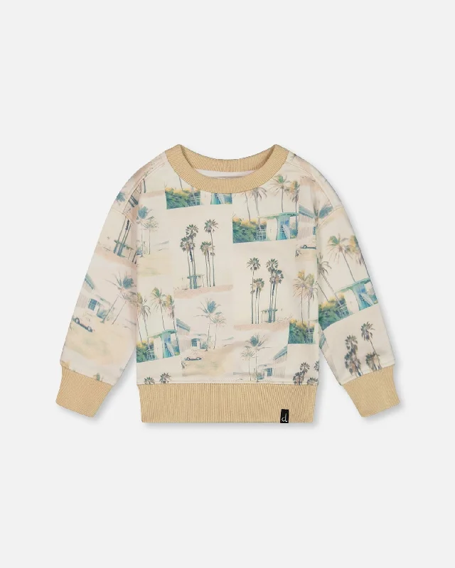 Versatile Men's Zip-Up SweatersPrinted Pullover Sweatshirt Beige Palm Tree And Teal